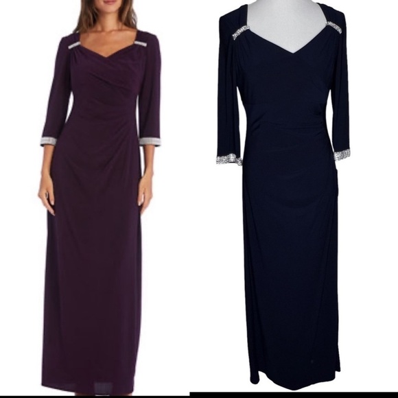 R & M Richards Dresses & Skirts - R&M Richards Blue Embellished Ruched 3/4 Sleeve Maxi Gown Sz 10P NWT Rhinestone